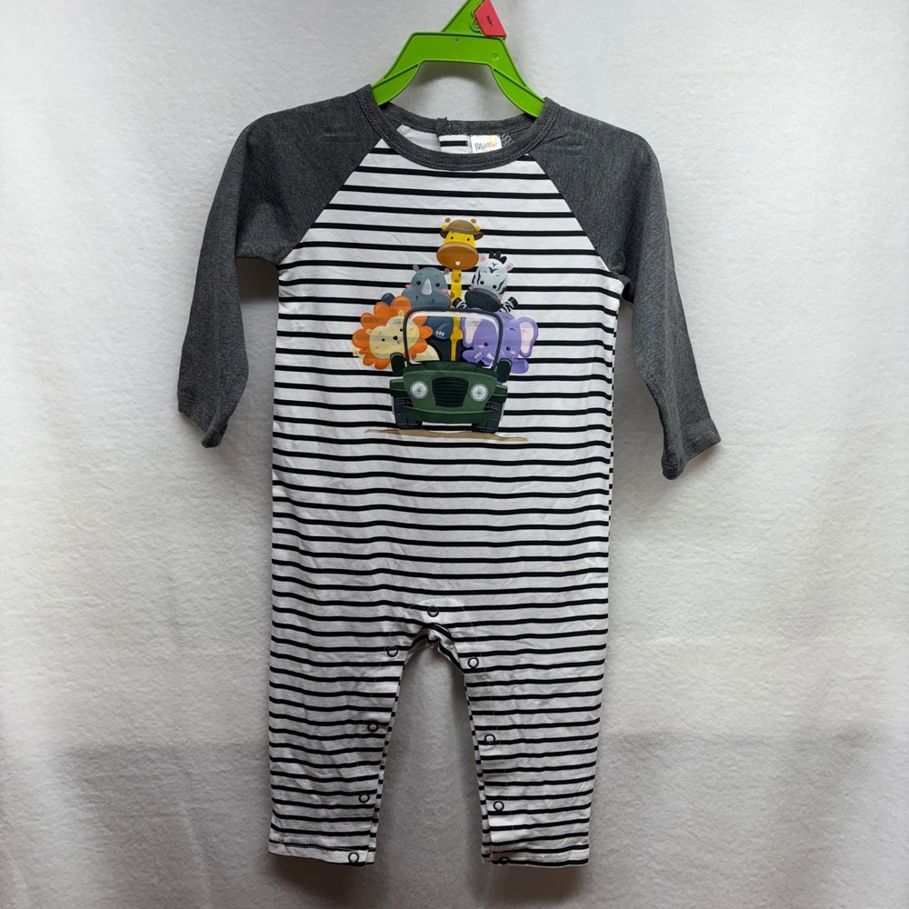 Peppy Mini Safari Animal Jeep Striped Raglan Baby Romper Jumpsuit 18M